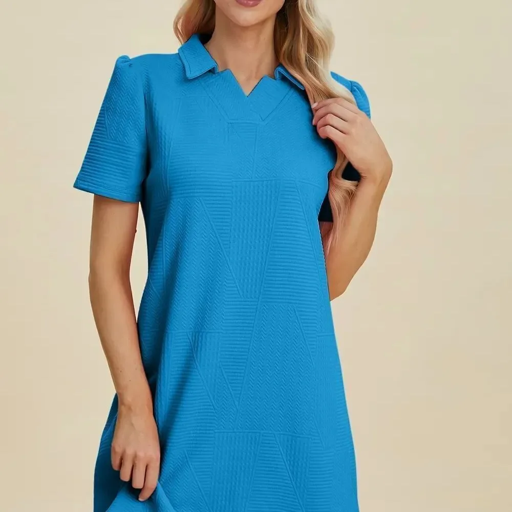 Cute Casual Colorful Work Wear Collared Texture Blue Women's Dress